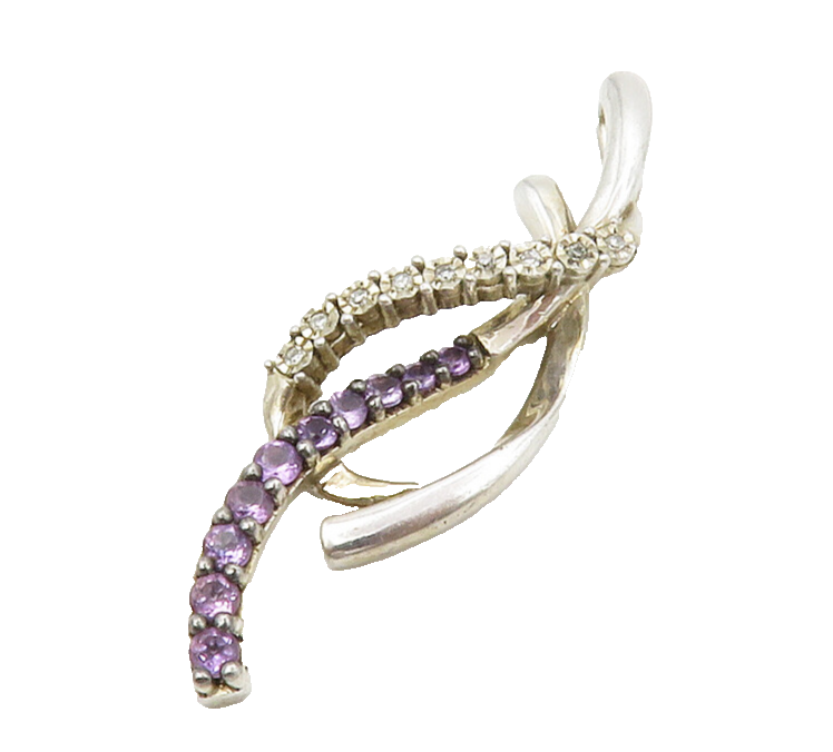 925 Sterling Silver  Genuine Diamonds & Amethyst Shiny Swirl Pendant  PT10567