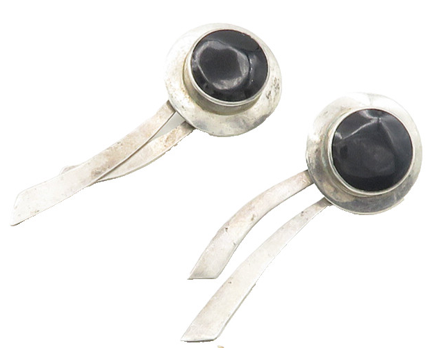 MEXICO 925 Sterling Silver  Vintage Black Onyx Modernist Drop Earrings  EG9520