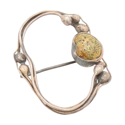 925 Sterling Silver Vintage Brooch Pin Agate Antique Botanical Vines  BP12202