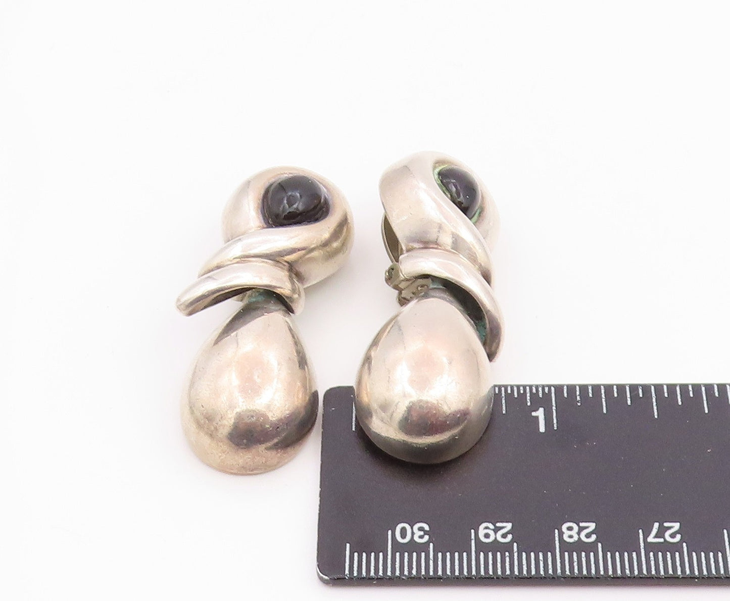 925 Sterling Silver Vintage Earrings ZINA Black Onyx Modernist Clip On  EG14254