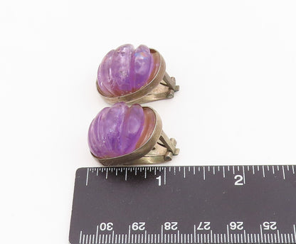 925 Sterling Silver Vintage Earrings Carved Amethyst Button Clip On  EG14131