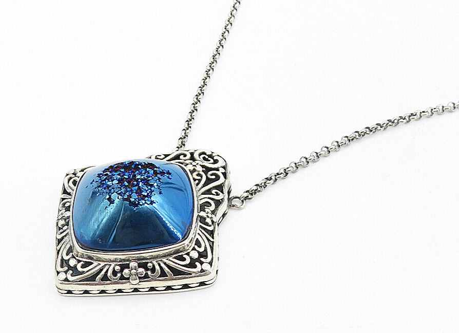 BERIA 925 Silver  Vintage Blue Druzy Stone Floral Swirl Chain Necklace  NE1324