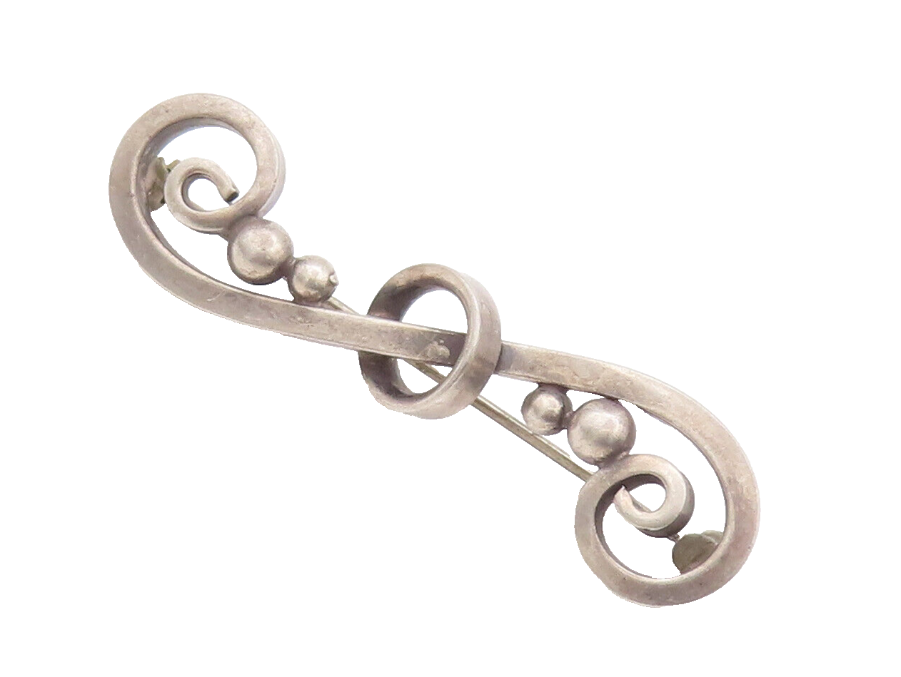 925 Sterling Silver Vintage Brooch Pin Antique Swirly Carved Beaded  BP10650