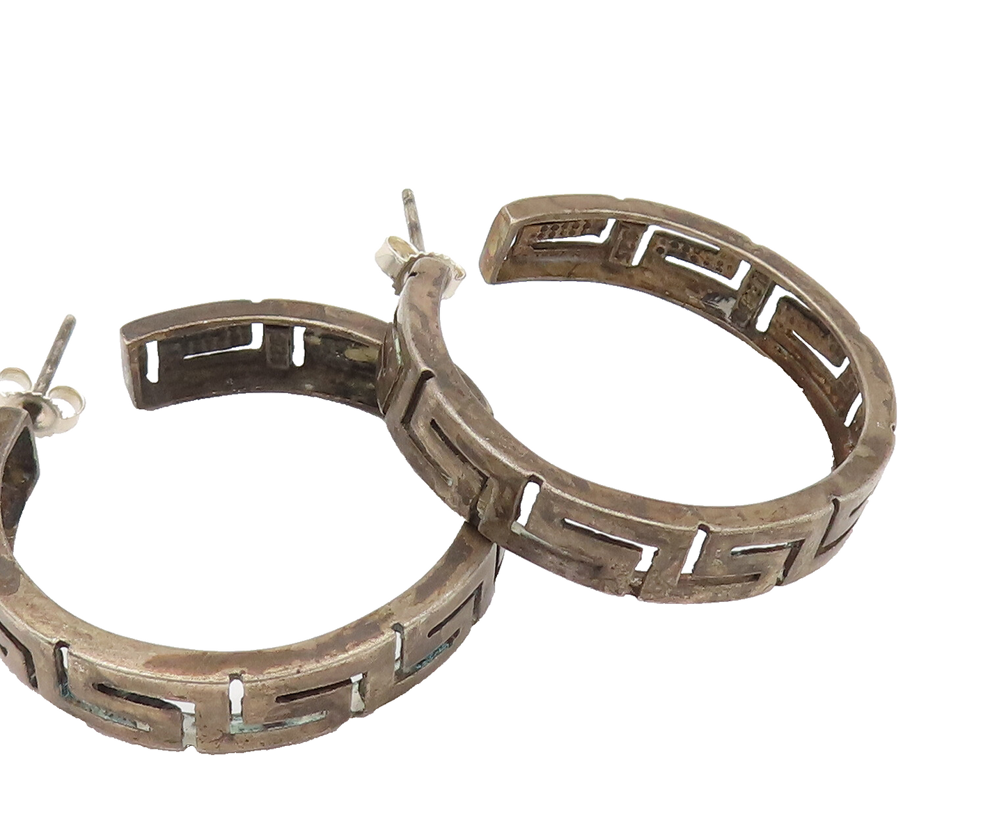 925 Sterling Silver  Vintage Carved Greek Key Maze Hoop Earrings  EG12314