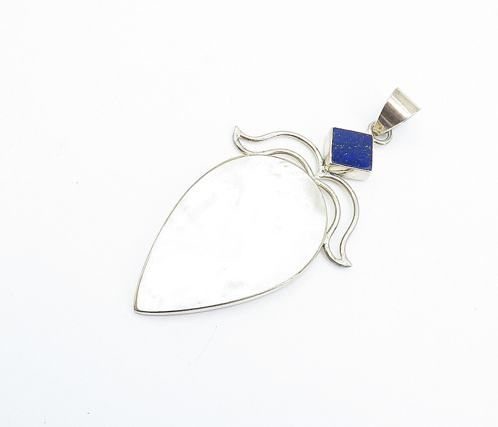 925 Sterling Silver  Shiny Mother Of Pearl & Lapis Lazuli Drop Pendant  PT6113