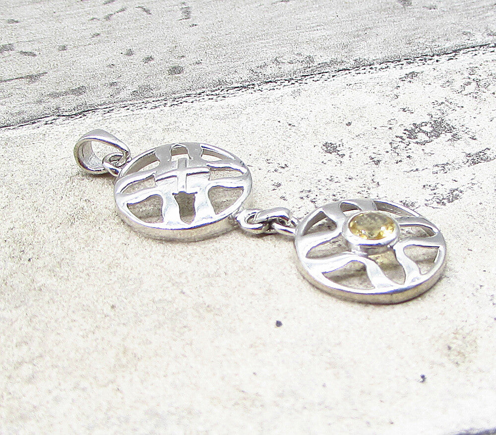 925 Sterling Silver  Faceted Citrine Linked Cross Wheels Drop Pendant  PT1530