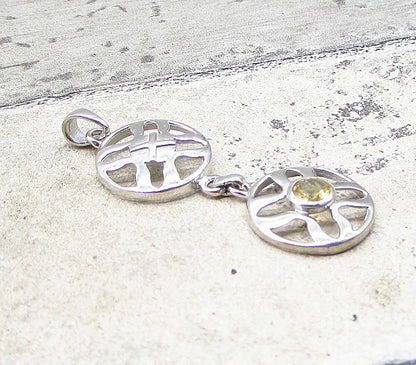 925 Sterling Silver  Faceted Citrine Linked Cross Wheels Drop Pendant  PT1530