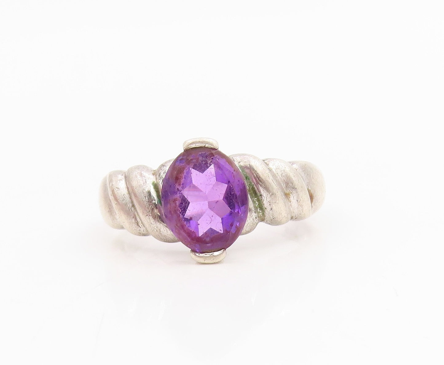 925 Sterling Silver Vintage Ring Oval Cut Amethyst Ribbed Band  Sz 7.5  RG34829