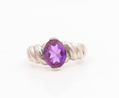 925 Sterling Silver Vintage Ring Oval Cut Amethyst Ribbed Band  Sz 7.5  RG34829