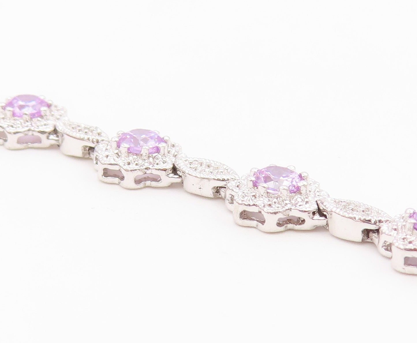 925 Sterling Silver  Shiny Purple Cubic Zirconia Floral Chain Bracelet  BT7364