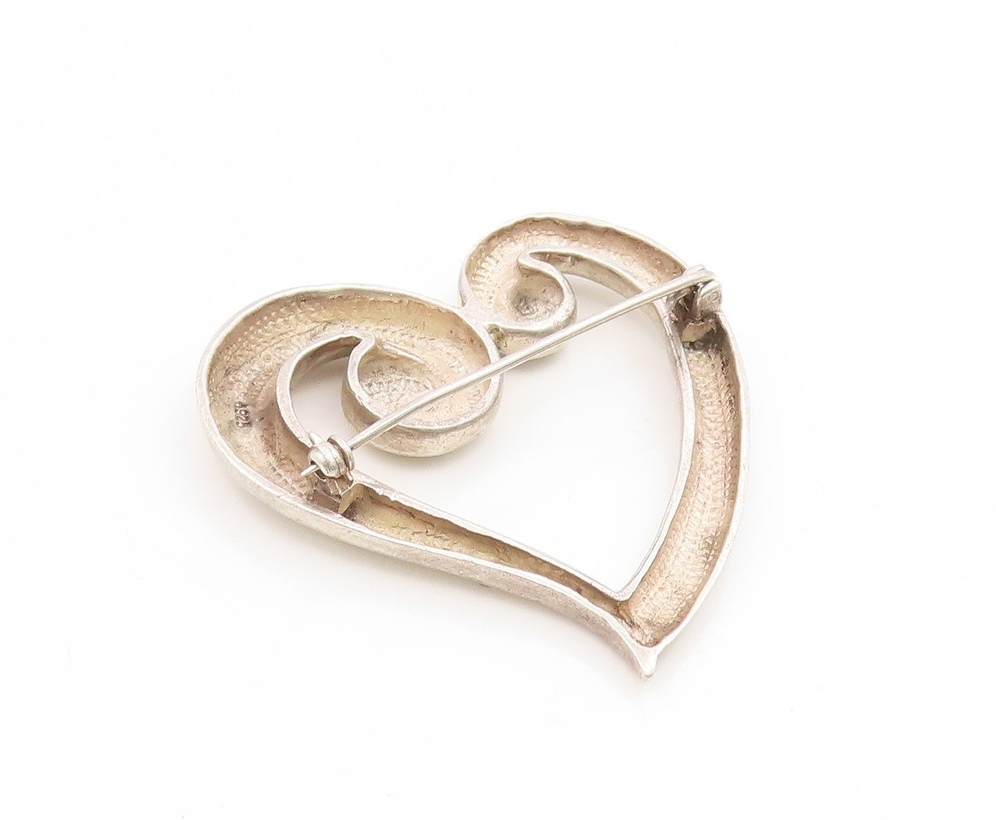 925 Sterling Silver Vintage Brooch Pin Modernist Swirly Open Love Heart  BP12388