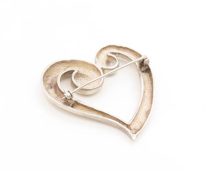 925 Sterling Silver Vintage Brooch Pin Modernist Swirly Open Love Heart  BP12388