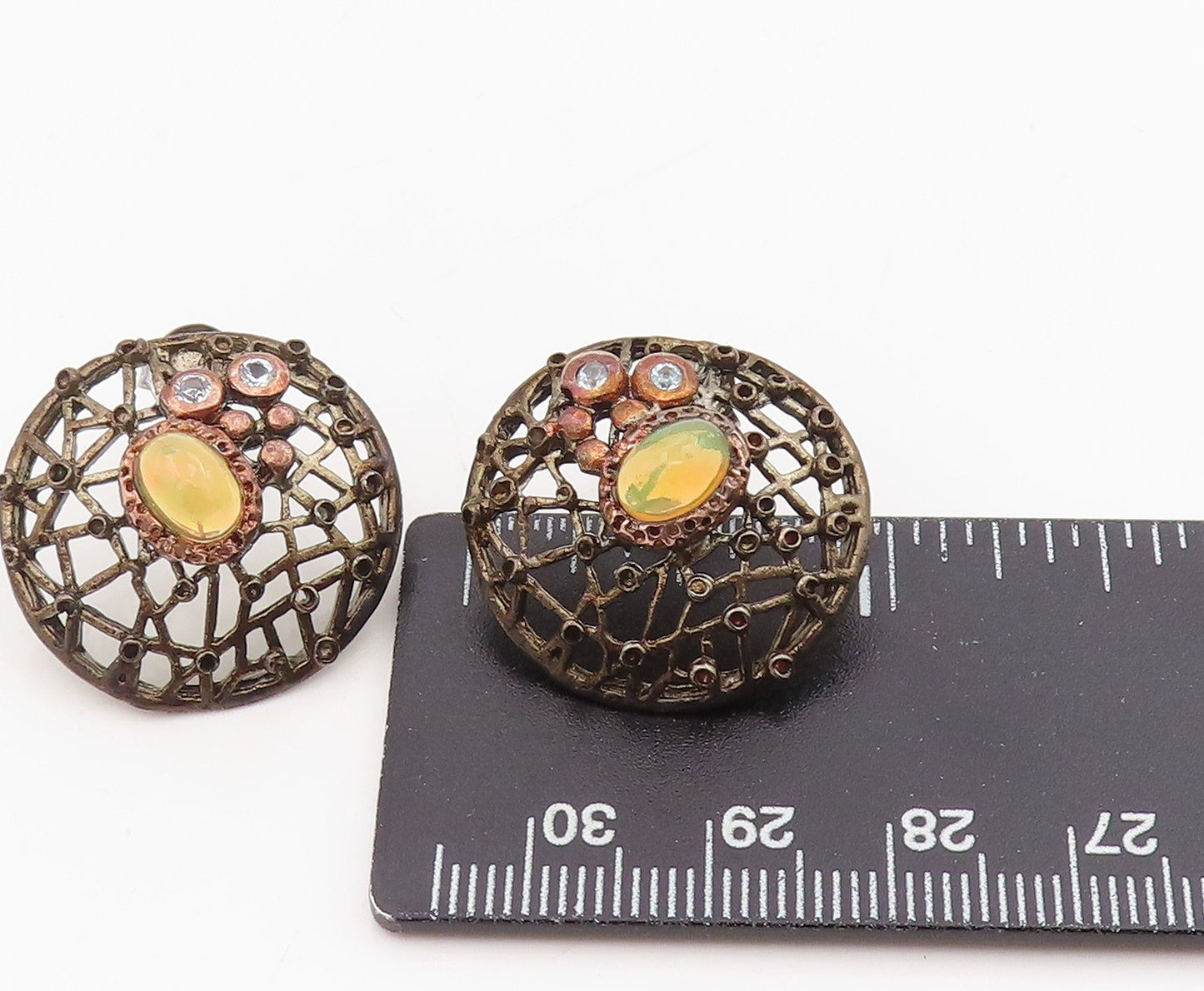 925 Sterling Silver Vintage Earrings Fire Opal & CZ Round Openwork Stud  EG13828