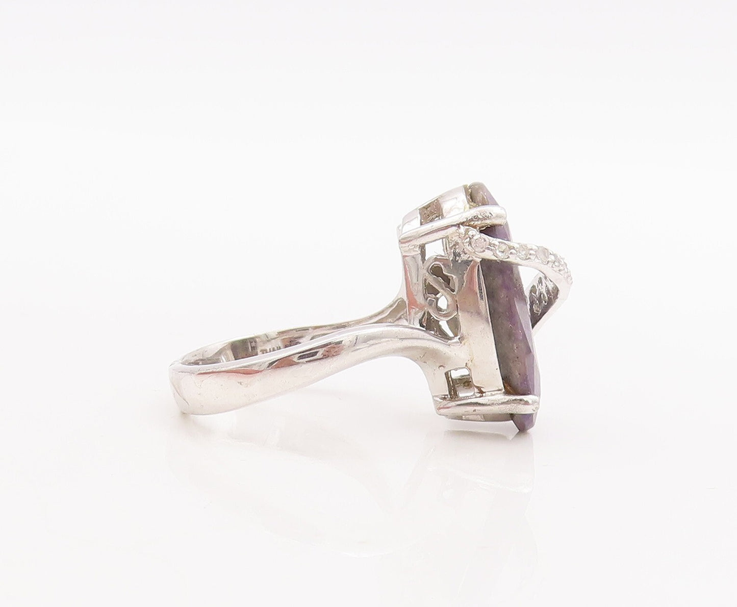 925 Sterling Silver Vintage Ring Oval Gemstone & Diamonds Band   Sz 7  RG29013