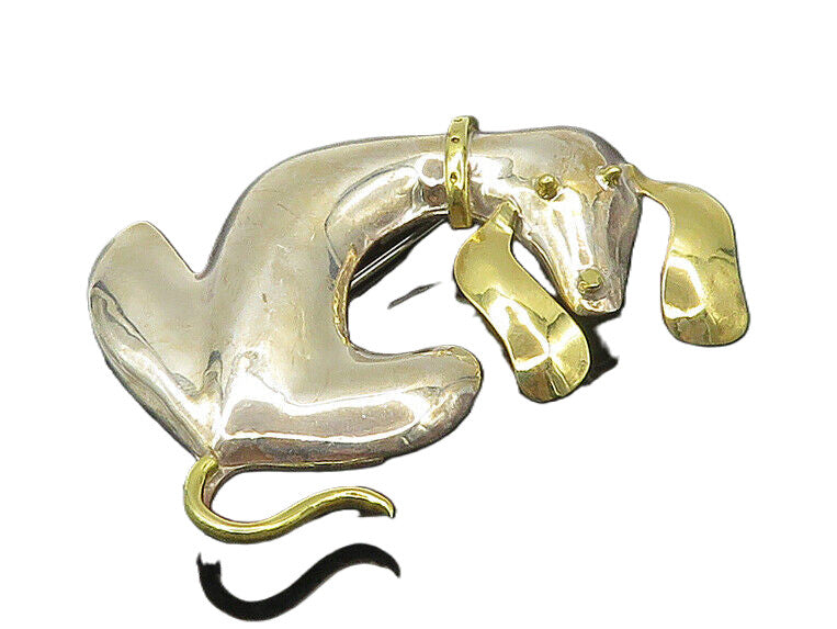 MEXICO 925 Sterling Silver  Vintage Shiny 2 Tone Dog Motif Brooch Pin  BP6904