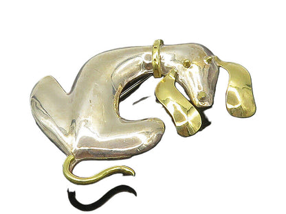 MEXICO 925 Sterling Silver  Vintage Shiny 2 Tone Dog Motif Brooch Pin  BP6904
