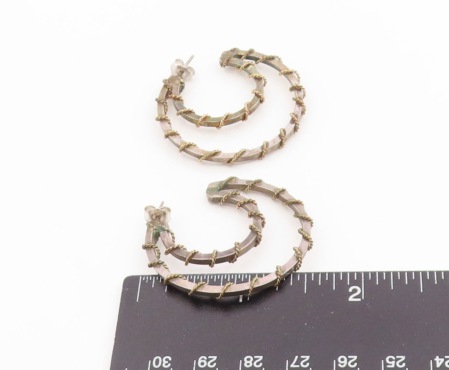 925 Sterling Silver Vintage Earrings Two Tone Twisted Rope Double Hoop  EG14322