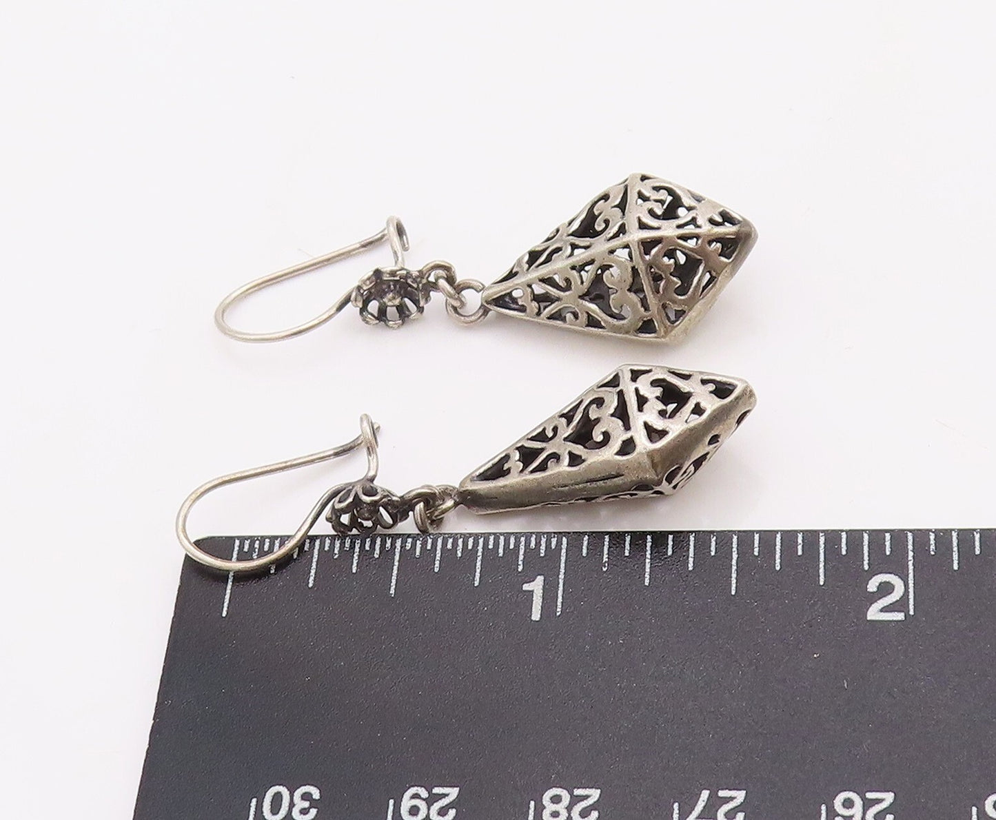 925 Sterling Silver Vintage Earrings Swirly Cutout 3D Diamond Shape  EG13210