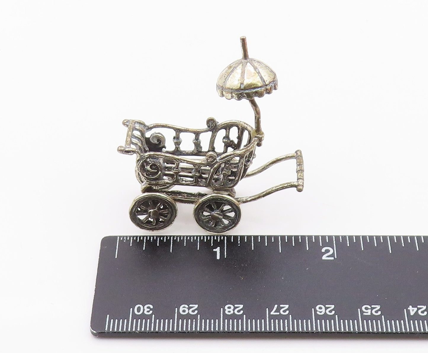 925 Sterling Silver  Vintage Shiny Old Fashioned Baby Carriage Trinket  TR1823