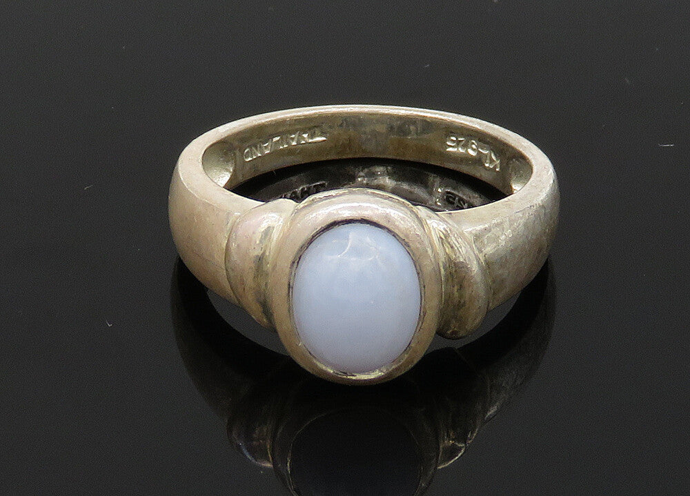 925 Sterling Silver  Vintage Cabochon Cut Blue Agate Band Ring Sz 8  RG20737