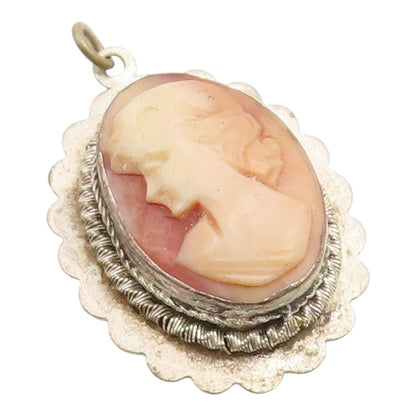 925 Sterling Silver Vintage Pendant Carved Lady Profile Cameo Charm  PT25998