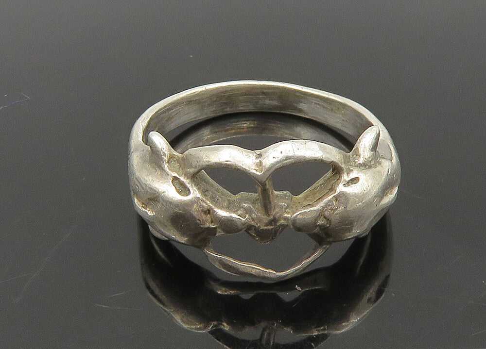 925 Sterling Silver  Vintage Double Dolphin Love Heart Band Ring Sz 6  RG22790