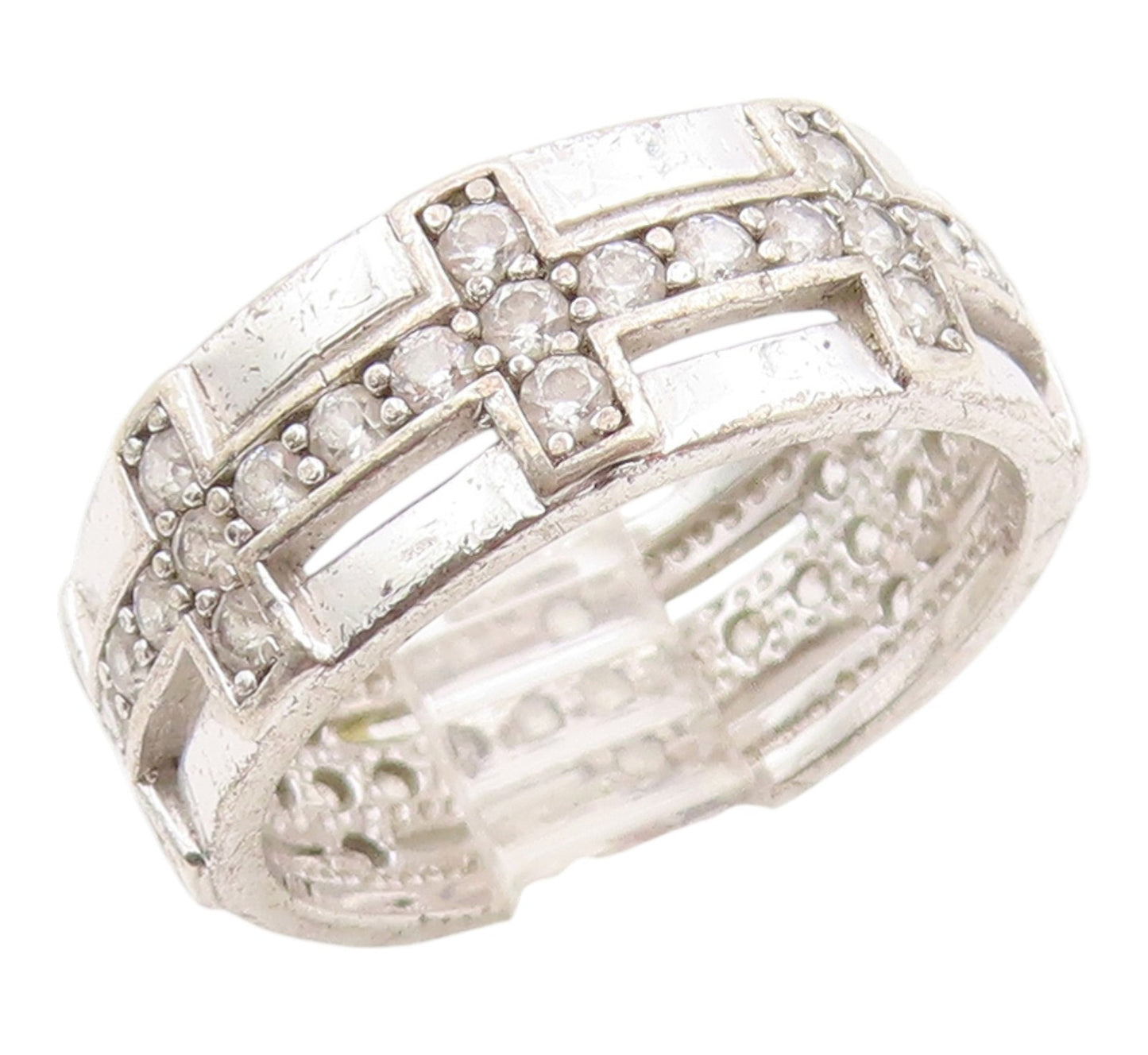 925 Sterling Silver Vintage Ring CZ Geometric Pattern Wide Band  Sz 7  RG36249