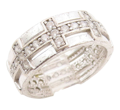 925 Sterling Silver Vintage Ring CZ Geometric Pattern Wide Band  Sz 7  RG36249