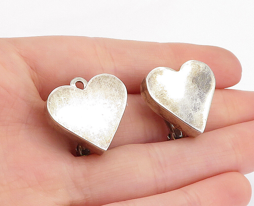 MEXICO 925 Sterling Silver Vintage Love Heart Non Pierce Earrings EG2865