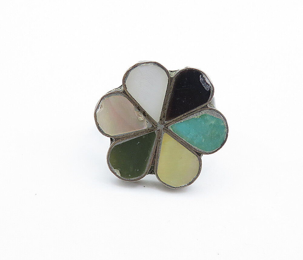 925 Silver Vintage Antique Mother Of Pearl & Multi Stone Ring Sz 6 RG6626