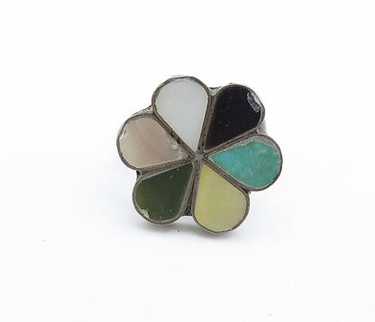 925 Silver Vintage Antique Mother Of Pearl & Multi Stone Ring Sz 6 RG6626