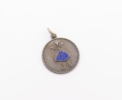 925 Sterling Silver  Vintage Enamel Woman In Blue Dress Pendant  PT19445