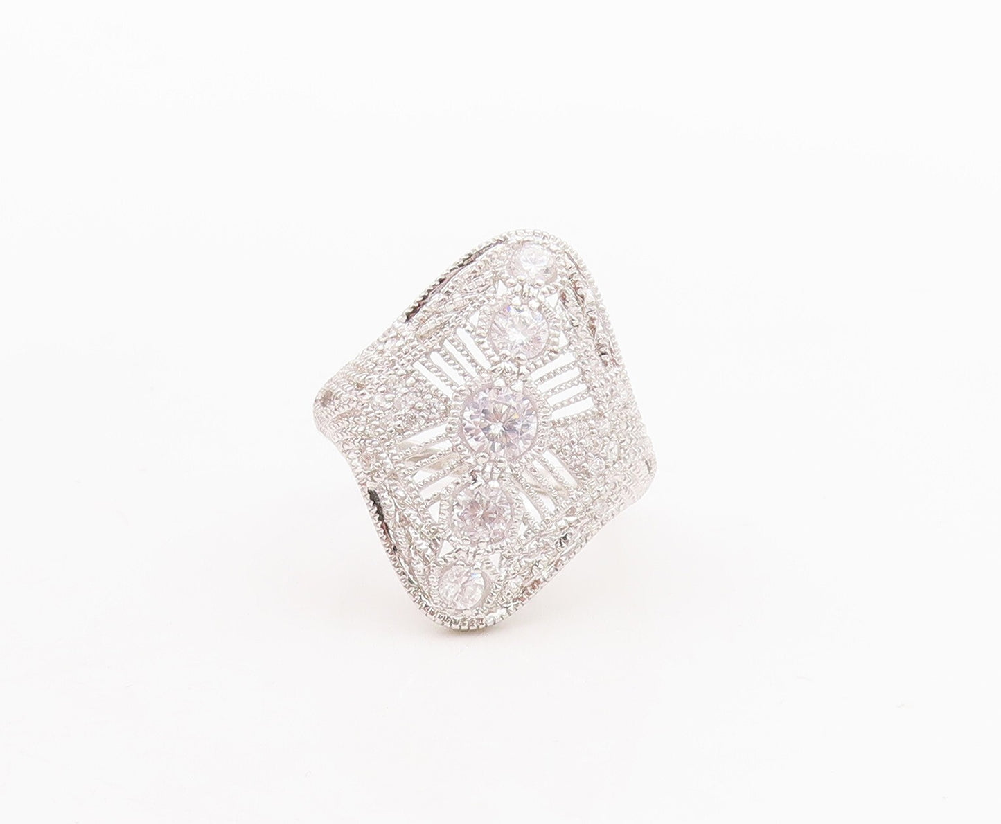 925 Sterling Silver Vintage Ring Cutout Victorian Design Inlay CZ  Sz 9 RG28732