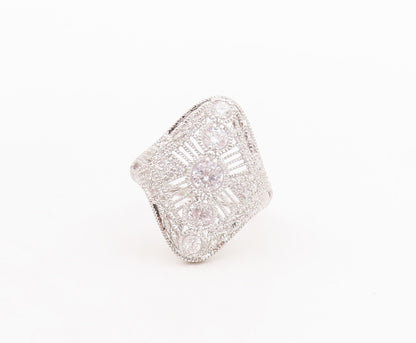 925 Sterling Silver Vintage Ring Cutout Victorian Design Inlay CZ  Sz 9 RG28732