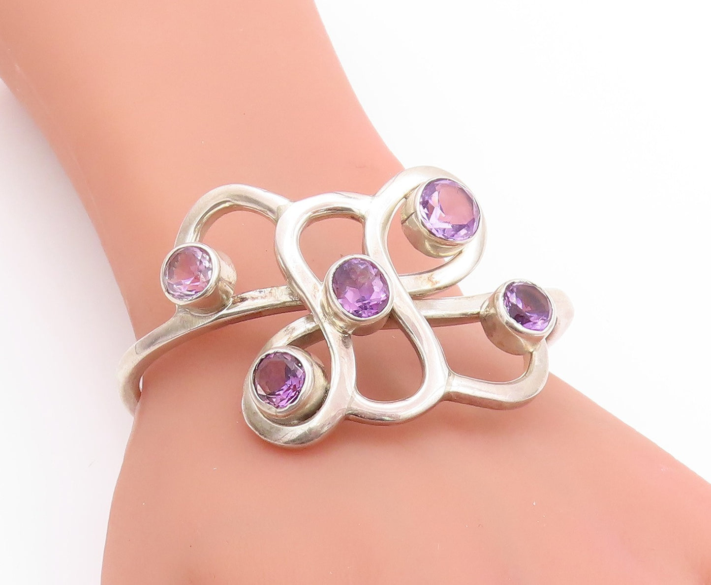 925 Sterling Silver Vintage Bracelet MEXICO Brutalist Amethyst Cuff  BT11227