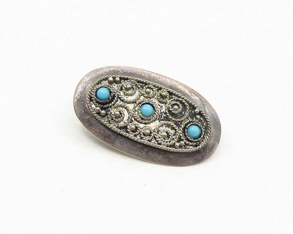 ISRAEL 925 Sterling Silver  Vintage Turquoise Ornate Twist Brooch Pin  BP7261