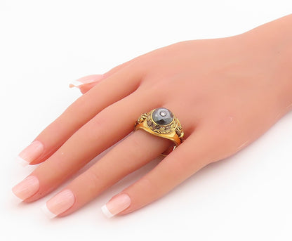 925 Sterling Silver Vintage Ring Gold Plated Diamond & Hematite  Sz 14  RG34223