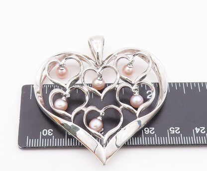 925 Sterling Silver  Dangling Pink Pearls Open Love Hearts Pendant  PT7919