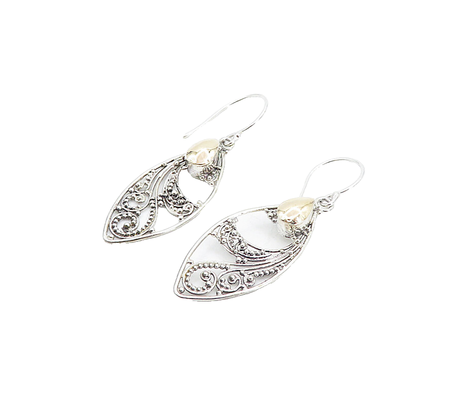 925 Sterling Silver & 18K GOLD  Vintage Two Tone Swirl Drop Earrings  EG3333