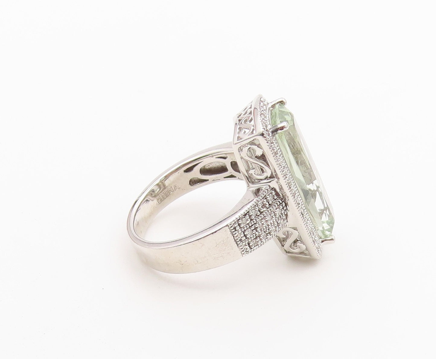 925 Sterling Silver Vintage Ring Real Diamonds & Green Amethyst  Sz 8  RG36484