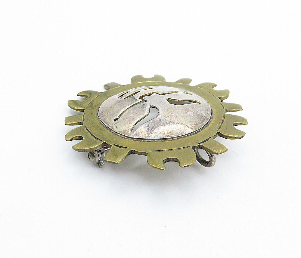MEXICO 925 Sterling Silver  Vintage 2 Tone Shining Sun Face Brooch Pin  BP2496