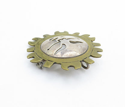 MEXICO 925 Sterling Silver  Vintage 2 Tone Shining Sun Face Brooch Pin  BP2496