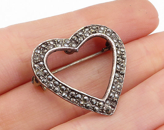 925 Sterling Silver  Vintage Marcasite Open Love Heart Brooch Pin  BP1522