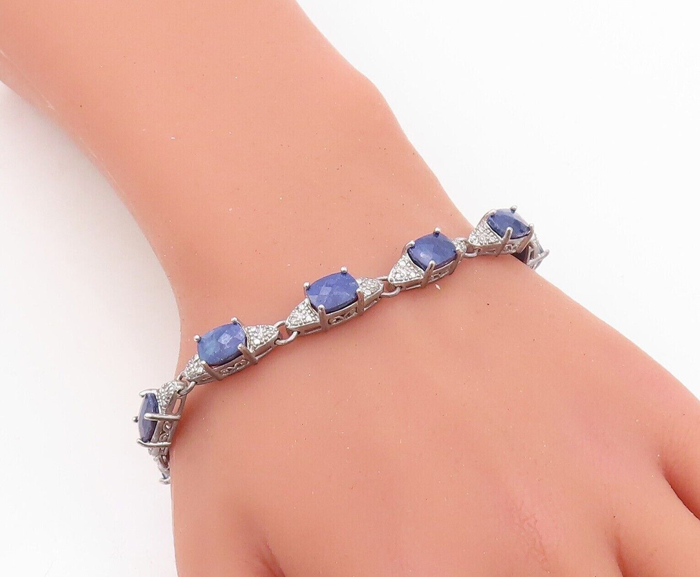 925 Sterling Silver Vintage Bracelet Oval Shape Sapphire & CZ Inlay  BT10761