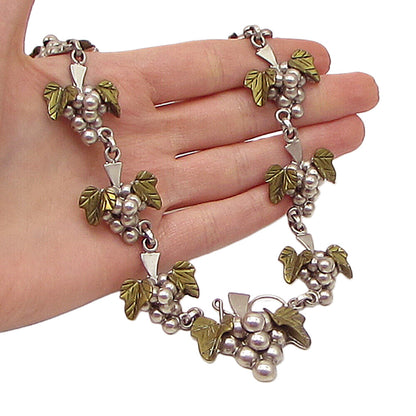 MEXICO 925 Sterling Silver Vintage 2 Tone Grape Vine Linked Necklace PT2479