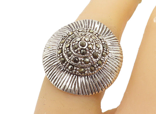 925 Sterling Silver  Vintage Marcasite Shiny Dome Cocktail Ring Sz 5.5  RG8293