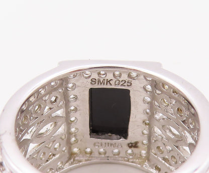 925 Sterling Silver Vintage Ring Designer Broad CZ Band & Onyx  Sz 6.5  RG30574