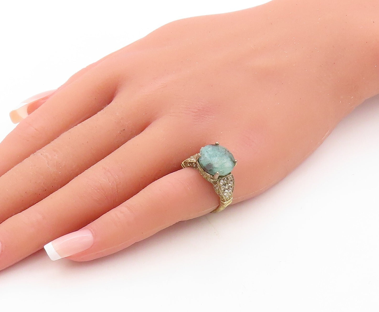 925 Sterling Silver Vintage Ring Gold Plated Green Gemstone & CZ  Sz 6  RG30806