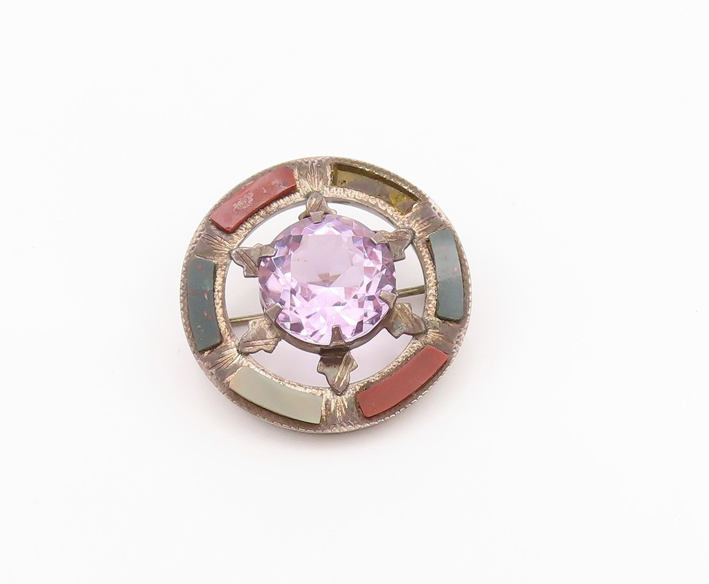 925 Sterling Silver Vintage Brooch Antique Amethyst Halo Gemstone Wheel  BP11673