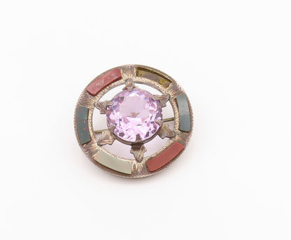 925 Sterling Silver Vintage Brooch Antique Amethyst Halo Gemstone Wheel  BP11673